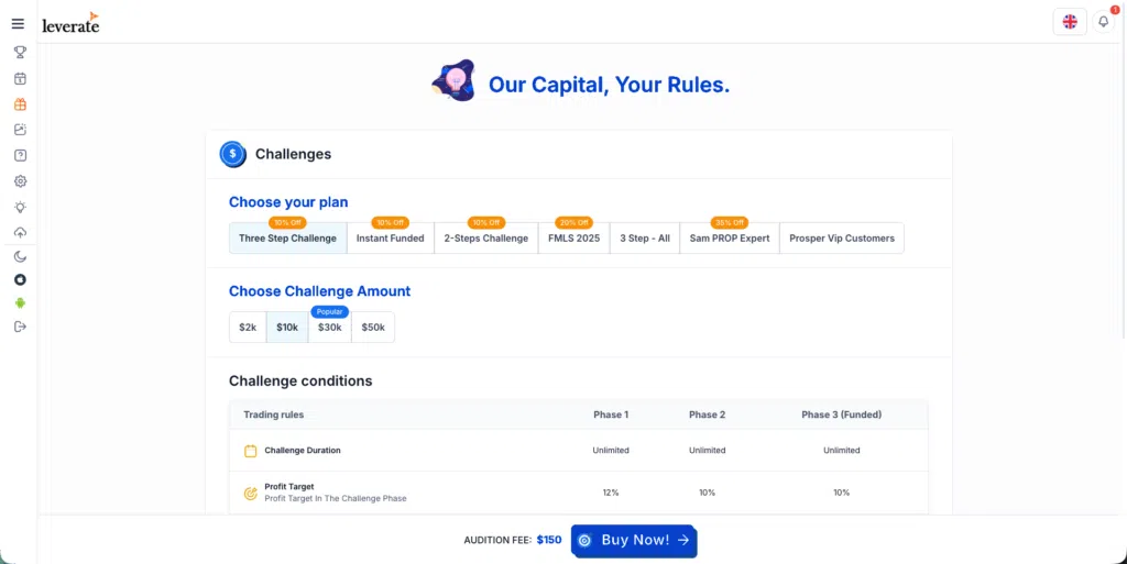 Dashboard showing challenge plan options, selectable challenge amounts, and trading conditions for a trading platform. “Buy Now!” button is at the bottom.