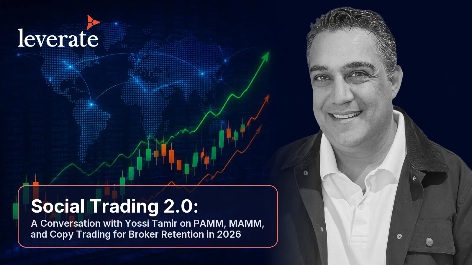 A promotional banner for a Leverate event featuring Yossi Tamir, discussing social trading and broker retention strategies for 2026, with financial charts in the background, highlights Leverate as a leading broker technology provider.