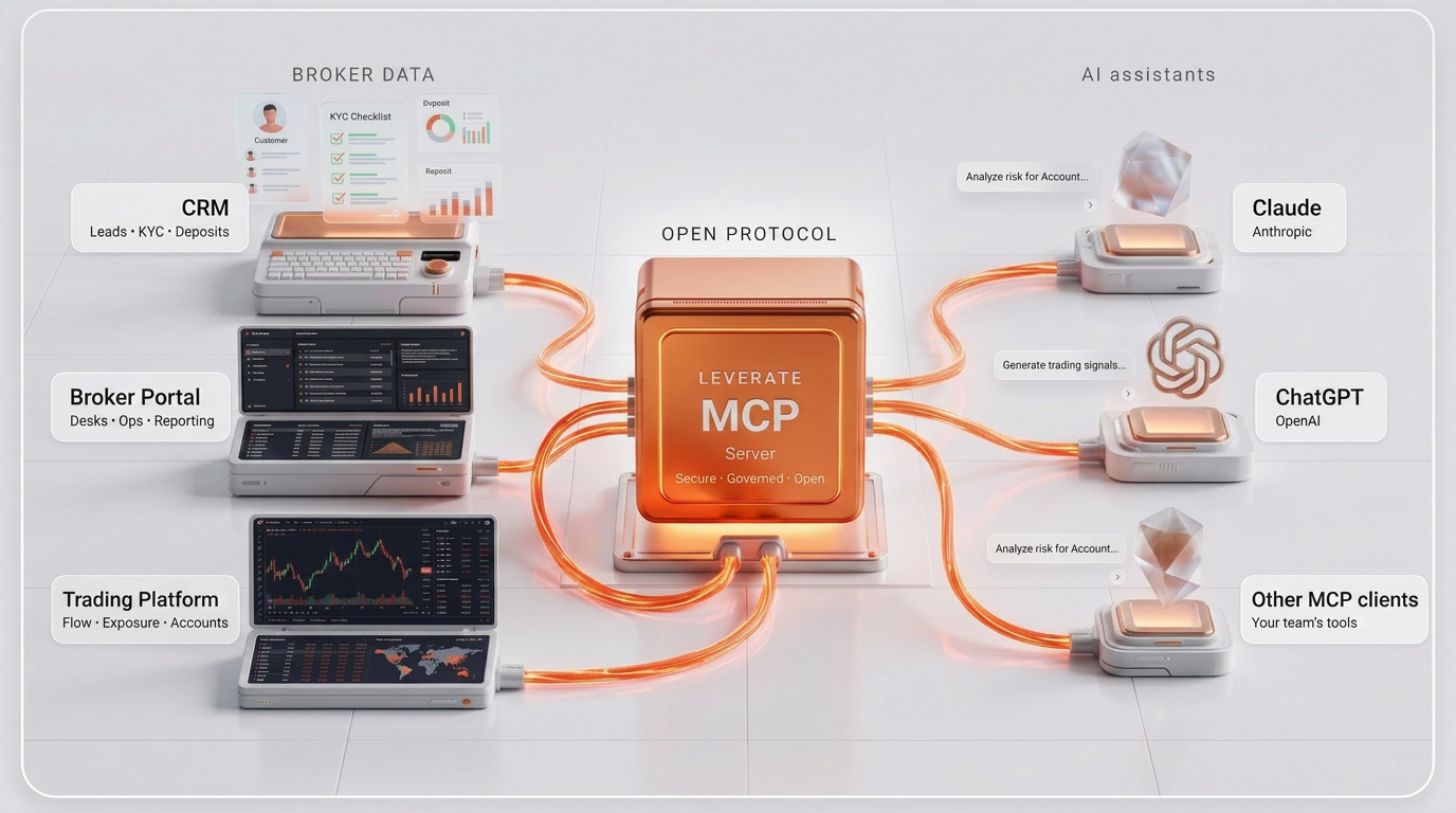 Diagrama en el que se muestra el servidor MCP de Leverate conectado al CRM, al portal del bróker, a la plataforma de negociación, a ChatGPT, a Claude y a otros clientes MCP, lo que ilustra la integración de los datos del bróker y los asistentes de IA.