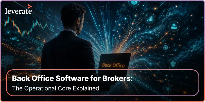 رجل يرتدي بدلة يحمل جهاز كمبيوتر محمولًا تظهر عليه عبارة «Back Office»، مع رسومات شبكية رقمية في الخلفية والعنوان «برنامج Back Office للوسطاء» في الأسفل، مما يسلط الضوء على ميزات متقدمة مثل الرسوم البيانية المدمجة والتداول عبر الرسوم البيانية الذي يتحكم فيه الوسيط باستخدام xChart من Leverate.