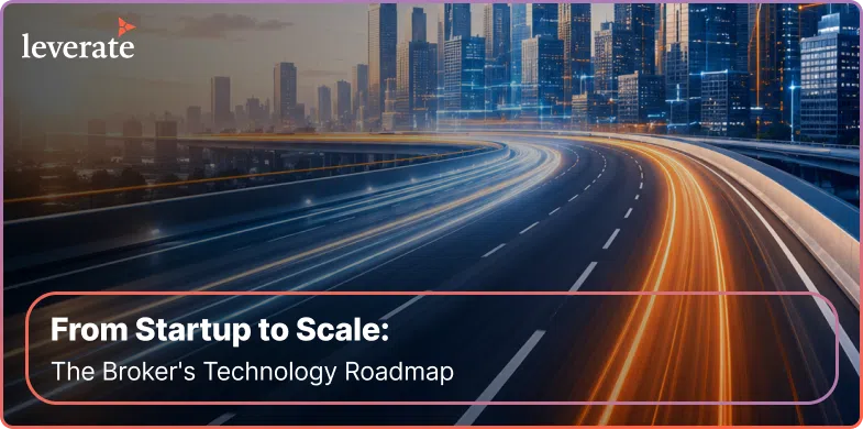 A cityscape at dusk with light trails on a highway, overlaid with the text, “From Startup to Scale: The Broker’s Technology Roadmap.” This dynamic scene underscores the transformative journey of partnering with a leading trading software development company and highlights the crucial role of brokerage technology providers in shaping modern financial landscapes.
