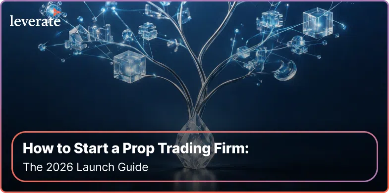A digital tree with glass-like branches and cubes, evoking the precision of a prediction-market; text overlay reads: “How to Start a Prop Trading Firm: The 2026 Launch Guide.”.