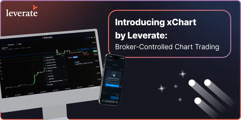 Bir bilgisayar ve telefon ekranında işlem grafikleri gösteriliyor; üzerinde şu yazı yer alıyor: “Leverate’den xChart’ı tanıtıyoruz: Broker Kontrollü Grafik Ticareti.” Sol üst köşede Leverate logosu görünüyor; bu da onu, kendi hesabına işlem yapan bir firma kurmak veya bir forex ticaret şirketinin nasıl kurulacağını öğrenmek isteyenler için ideal bir araç haline getiriyor.