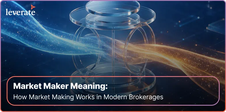 Abstract glass structure with blue and orange light trails, overlaid with the text “Market Maker Meaning: How Market Making Works in Modern Brokerages.” The design subtly hints at liquidity provision, reflecting the essential role market makers play in ensuring efficient trading environments.