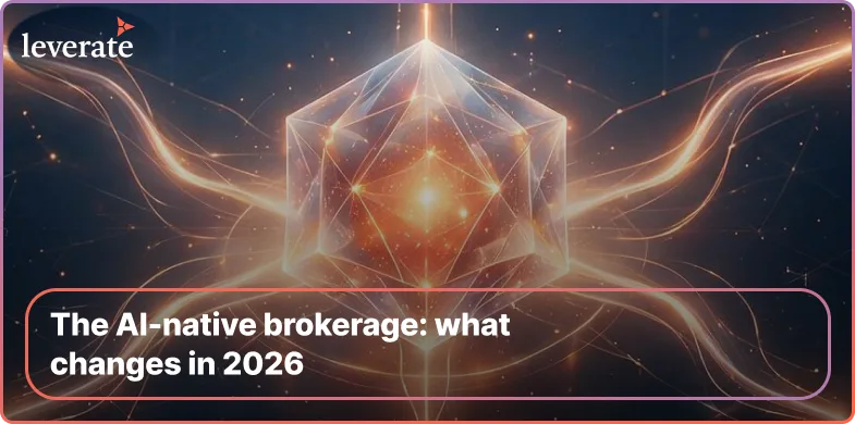 A glowing geometric crystal with digital light effects in the background hints at cutting-edge innovation. Text reads: “The AI-native brokerage: what changes in 2026.” Inspired by advancements in copy trading technology, this visual captures the future of intelligent investing.