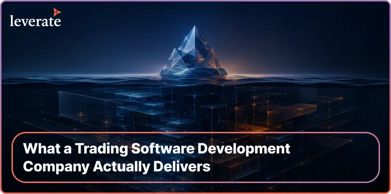A digital pyramid made of transparent blocks floats above water, with the text: “What a Trading Software Development Company Actually Delivers.” Subtle AI-driven elements within the design hint at the power behind Ai-native brokerage solutions.