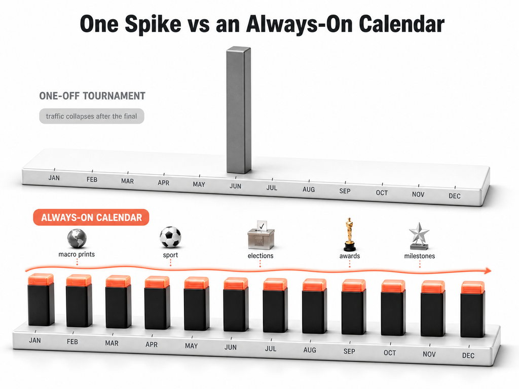 Bar chart compares a single tall spike in June with consistently high bars each month, labeled with various events, illustrating different calendar content strategies—much like understanding what is a market maker: a central figure ensuring consistent activity and balance across the market throughout the year.