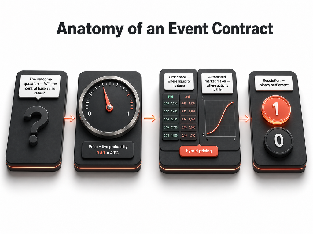 Infographic shows four steps of an event contract: posing a question, price indicator, order book and pricing graph—where the market maker helps set prices—and binary outcome resolution with a “1” or “0” button.