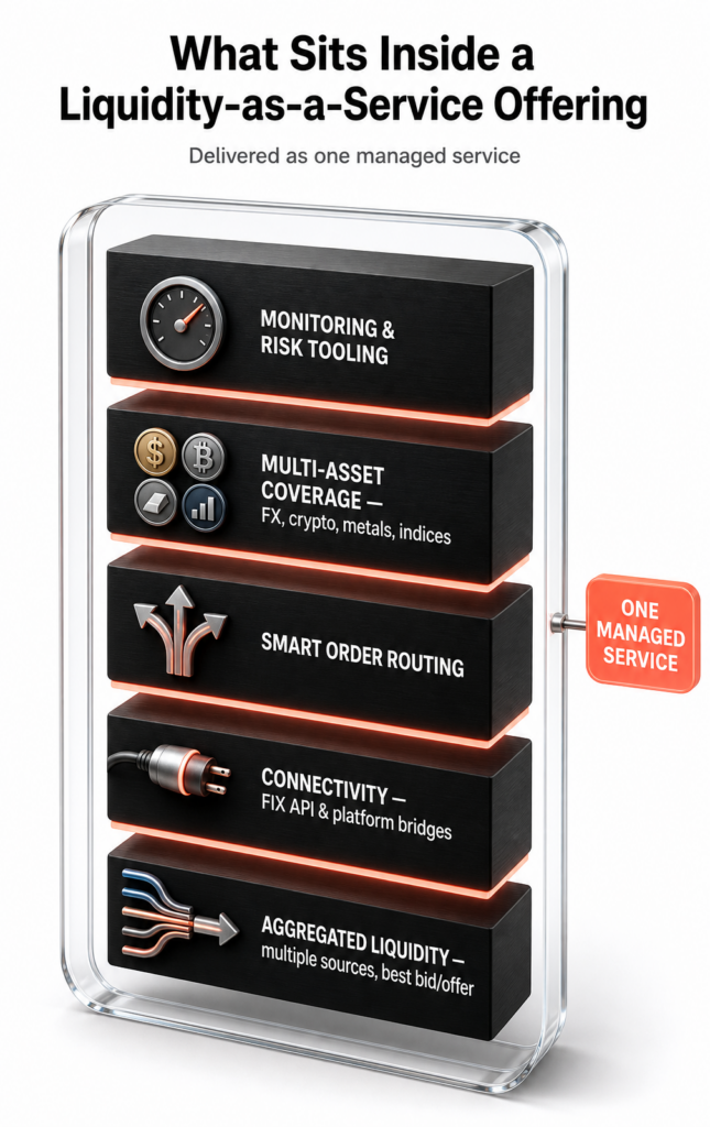 Diagram illustrating the Broker’s technology, featuring five stacked blocks labeled: monitoring & risk tooling, multi-asset coverage, smart order routing, connectivity, and aggregated liquidity—all underpinning the “Liquidity-as-a-Service Offering” ideal for startup growth.