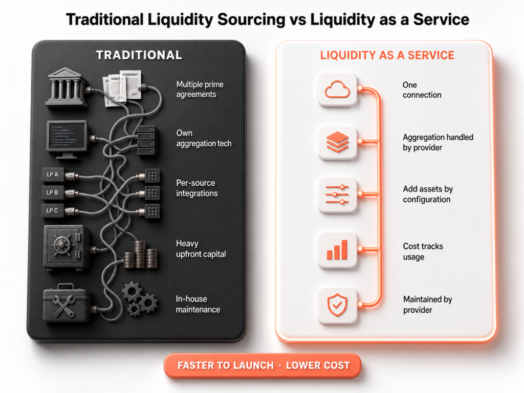 A side-by-side comparison of traditional liquidity sourcing and Liquidity as a Service—especially when paired with a startup’s agility or advanced Broker’s technology—highlights their processes, showing Liquidity as a Service as faster to launch and lower cost.