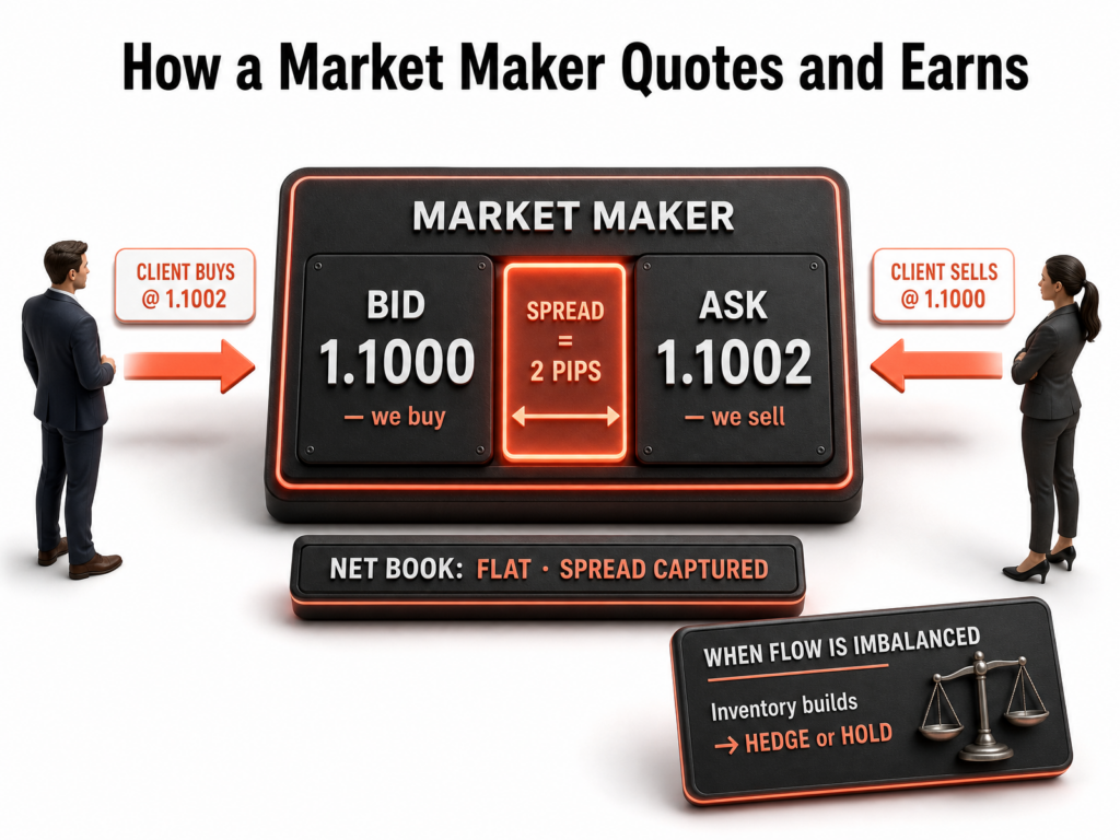 Diagram showing how a market maker quotes bid and ask prices, earns spread, and manages inventory when client orders create an imbalance, illustrating the role of liquidity provision in maintaining efficient markets.