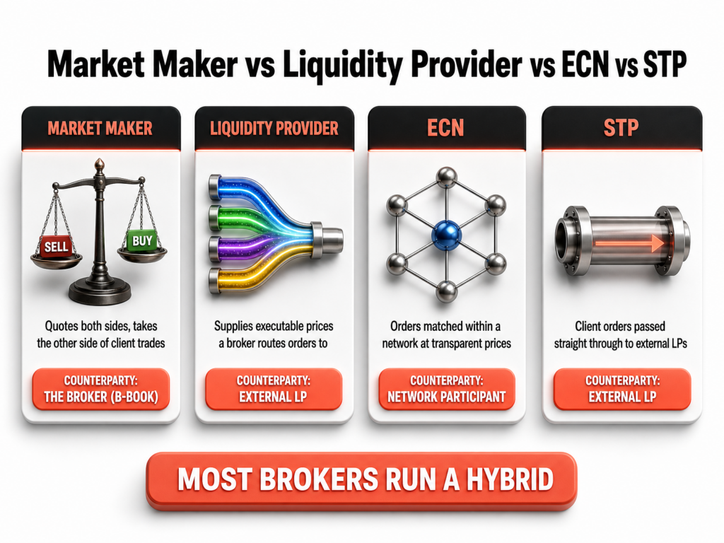 Infographic compares Market Maker, Liquidity Provider, ECN, and STP broker models, highlighting their counterparts and order routing methods. It also illustrates the role of liquidity aggregation within these models. Text below states most brokers run a hybrid model.