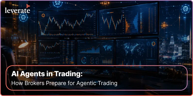 Several computer monitors display trading charts in a dark room, with the text “AI Agents in Trading: How Brokers Prepare for Agentic Trading.” The scene highlights the evolution of Crypto-native trading and the importance of adapting to advanced technologies on a crypto-native platform.