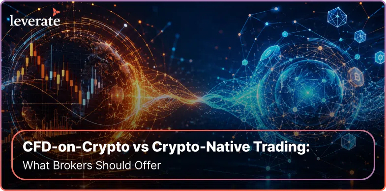 A digital graphic compares CFD-on-crypto with crypto-native trading, featuring abstract blockchain and financial chart elements, plus the text “What Brokers Should Offer.” Ideal for those interested in a broker-dealer setup or looking to launch a broker-dealer in the evolving world of digital assets.