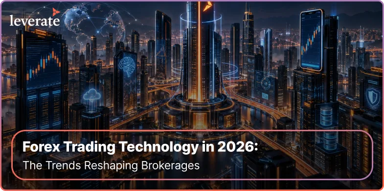 Futuristic cityscape with glowing skyscrapers and digital screens, overlaid text reads “Forex Trading Technology in 2026: The Trends Reshaping Brokerages.” The vibrant scene highlights advancements such as liquidity aggregation and multi-asset liquidity that are redefining the financial landscape.