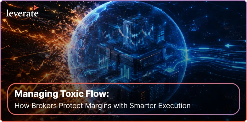 A digital sphere with data streams and a city-like structure, featuring the text: “Managing Toxic Flow: How Brokers Protect Margins with Smarter Execution,” highlights the transformative impact of AI in trading.