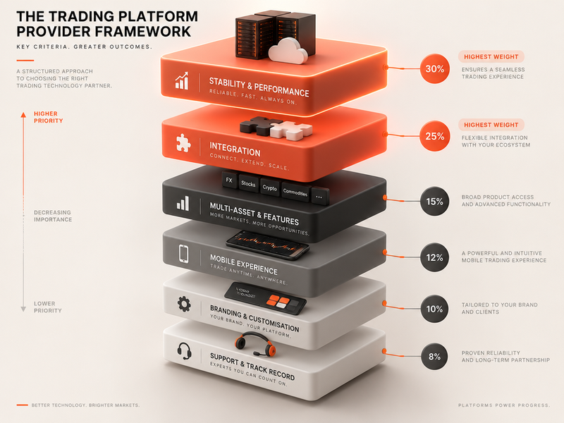Schéma en couches 3D intitulé « Le cadre de référence des fournisseurs de plateformes de trading », présentant six critères d'évaluation pondérés pour les plateformes de trading — notamment des fonctionnalités innovantes telles qu'un assistant IA et le MCP destiné aux traders —, les couches supérieures étant mises en évidence en orange pour souligner leur importance accrue.