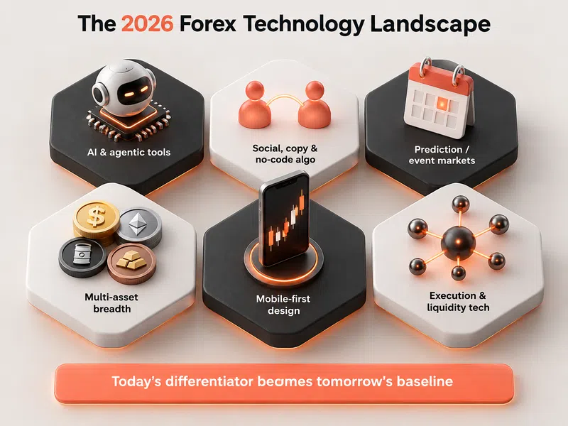 Six hexagonal tiles illustrate future forex tech trends: AI tools, social/no-code, prediction markets, multi-asset liquidity breadth, mobile design, and execution tech. Footer says, “Today’s differentiator becomes tomorrow’s baseline.”.