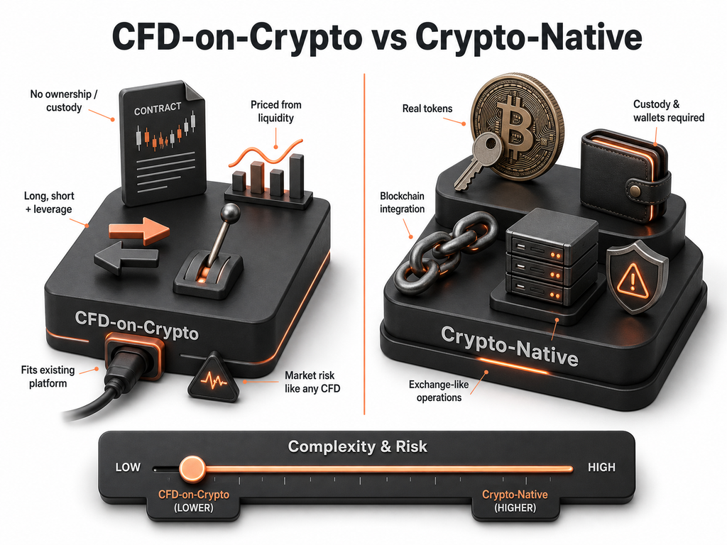 An infographic comparing CFD-on-Crypto (low complexity/risk) and Crypto-Native (high complexity/risk) approaches, detailing their distinct features, requirements—such as starting a broker-dealer—and operational characteristics.