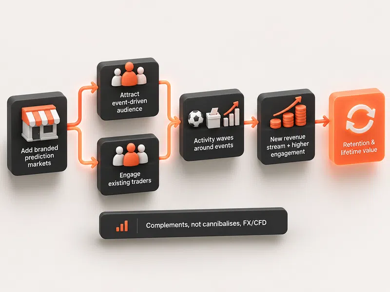 A flowchart shows steps from adding branded prediction markets to achieving retention and lifetime value, noting: “Complements, not cannibalises, forex trading technology.”.