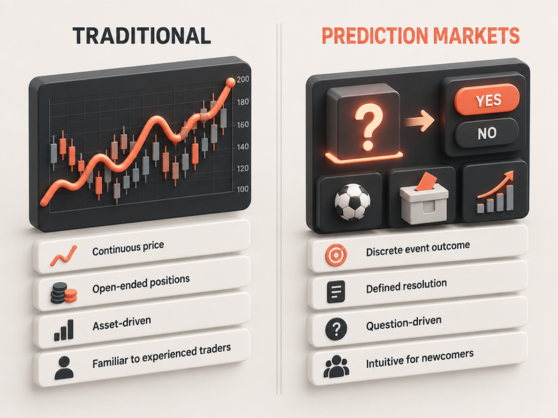 Comparison graphic: Traditional markets feature continuous pricing; prediction markets use intuitive, question-driven design—key distinctions shaping forex trading technology innovations.