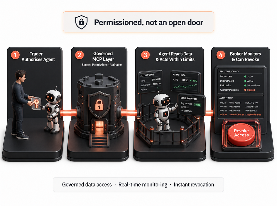 Four-panel diagram shows a trader authorizing a robot agent on a crypto-native platform, a governance layer, the agent reading data, and a broker monitoring activity with a “Revoke Access” button.