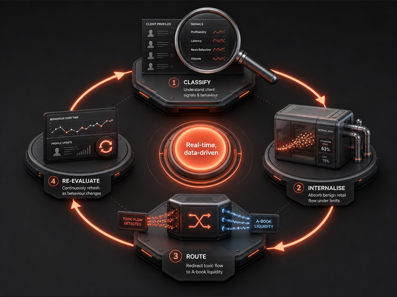 A circular data flow infographic illustrating four steps: Classify, Internalise, Route, and Re-evaluate, centered around “Real-time, data-driven” processing—highlighting how AI in trading enhances efficiency and decision-making.