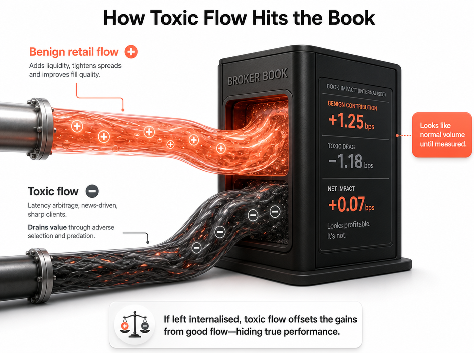Two pipes labeled “Benign retail flow” and “Toxic flow” feed into a book, showing positive metrics for benign flow and negative impacts for toxic flow, with arrows and text explaining the effects. The illustration highlights how AI in trading can help distinguish between these flows, providing valuable insights for brokers.
