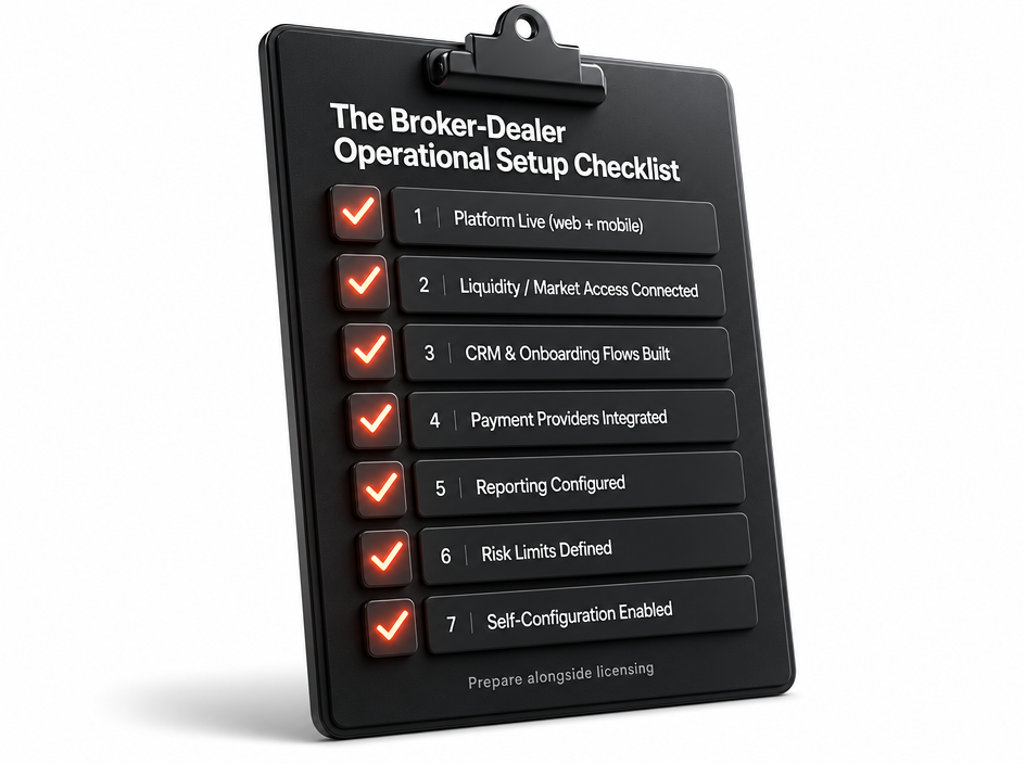 A black clipboard displays a checklist titled “The Broker-Dealer Operational Setup Checklist” with seven checked items related to platform and service setup, emphasizing essential steps for integrating brokerage technology and broker solutions.