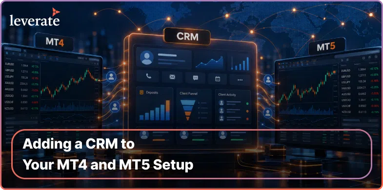 Des écrans numériques présentant les interfaces MT4, CRM et MT5 destinées aux courtiers Forex de la région MENA, accompagnés du texte « Ajouter un CRM à votre configuration MT4 et MT5 ».