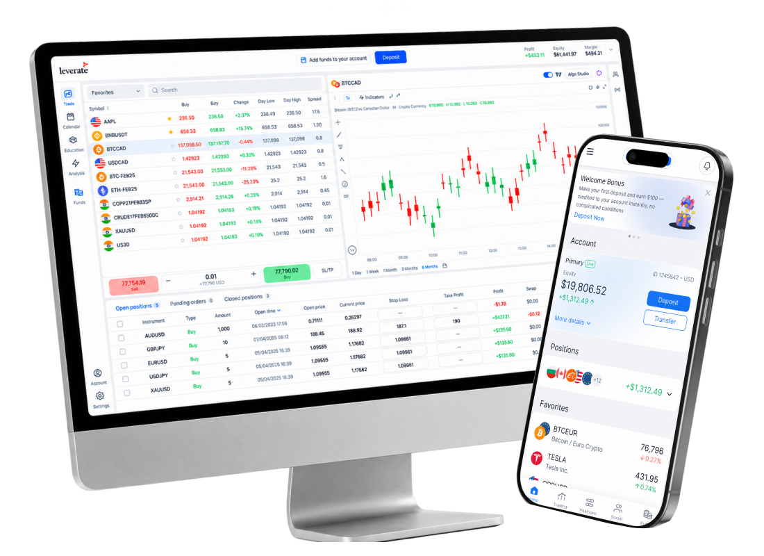 Un écran d'ordinateur et un smartphone affichant tous deux l'interface de la plateforme de trading Leverate.