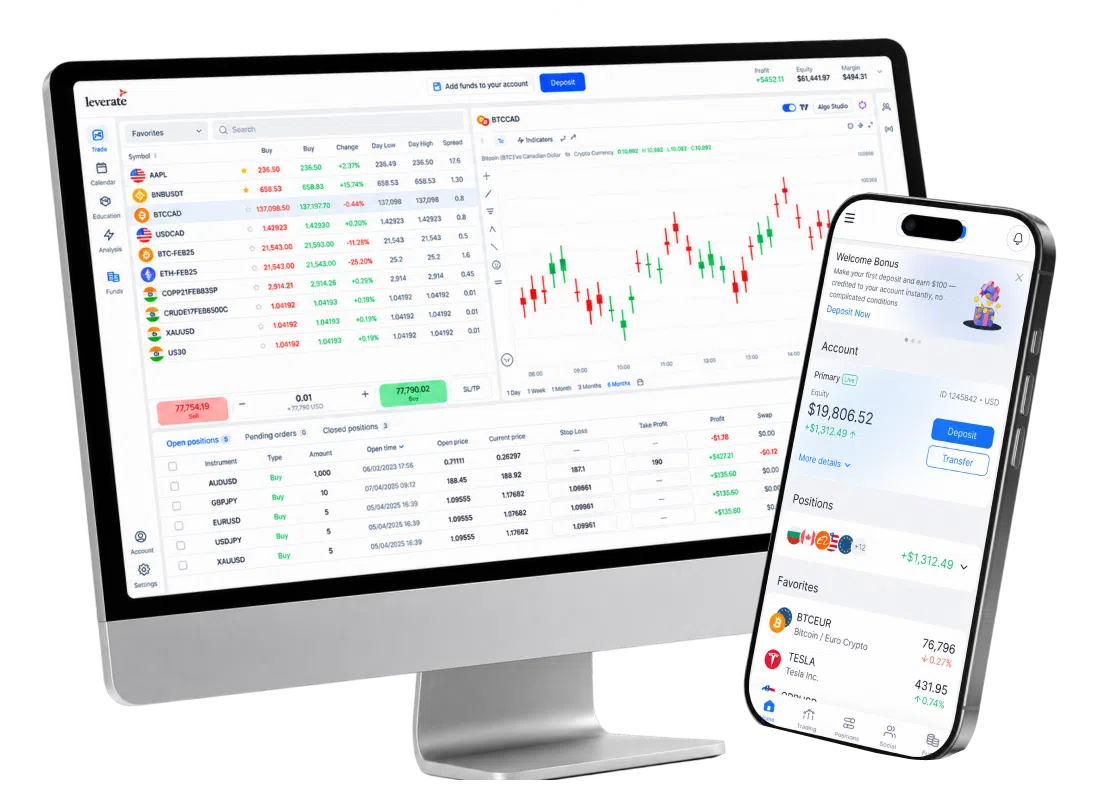 A desktop computer monitor and a smartphone both displaying a trading platform interface with financial charts and account information.