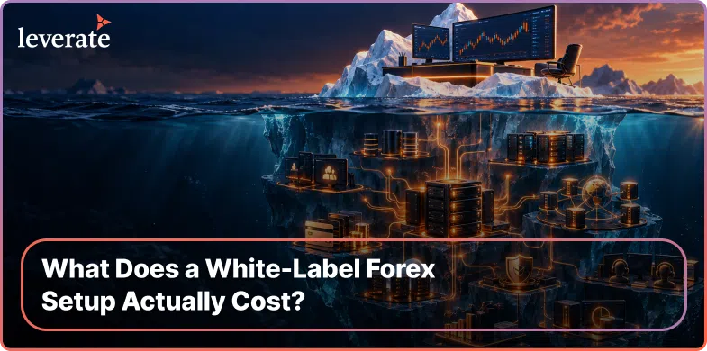 An iceberg with a computer workstation on top and glowing MT4 CRM server infrastructure underneath, captioned: “What Does a White-Label Forex Setup Actually Cost?”.