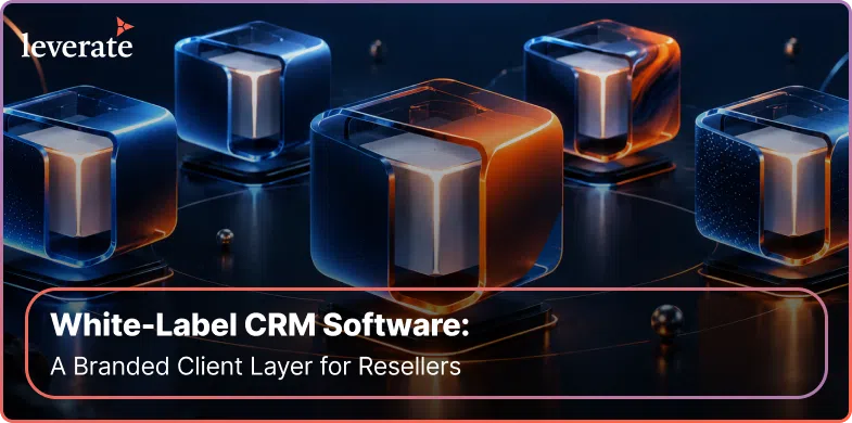 Leverate logo above four glowing cube icons with the text: White-Label CRM Software, a branded client layer for your white-label forex setup.