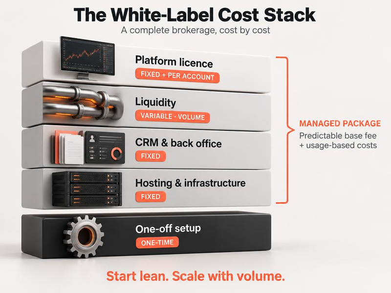 Infographic titled “The White-Label Cost Stack” displaying five cost categories: platform license, liquidity, MT5 CRM and back office, hosting and infrastructure, and one-off setup in a managed package.