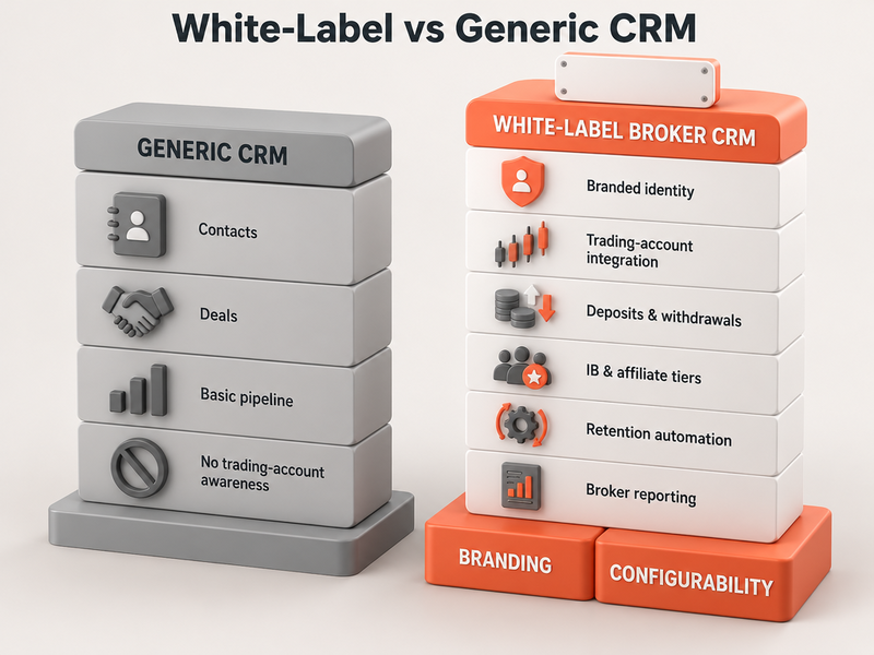 جدول مقارنة يوضح ميزات نظام CRM عام مقارنةً بنظام تداول الفوركس ذي العلامة البيضاء، مع التركيز على الهوية التجارية، والتكامل مع أنشطة التداول، والأدوات المالية، وكفاءة تكلفة منصة MT4 ذات العلامة البيضاء.