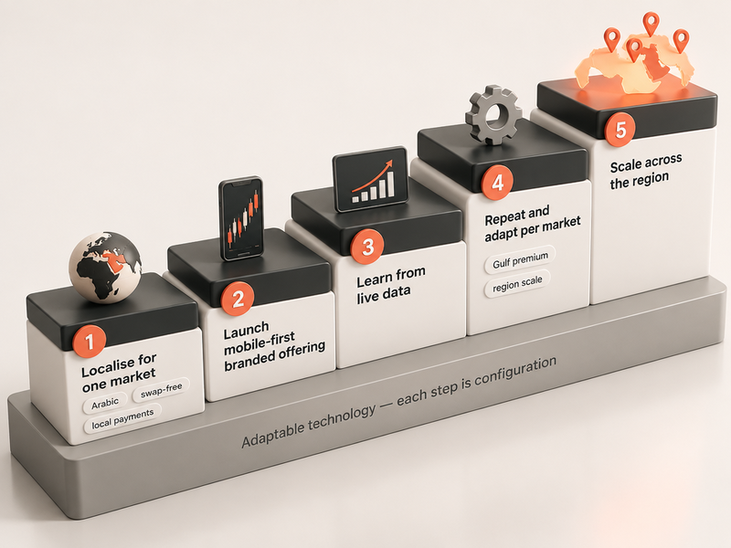 A five-step staircase diagram labeled “Adaptable technology — each step is configuration,” showing an AI broker platform progress from local market entry to regional scaling.
