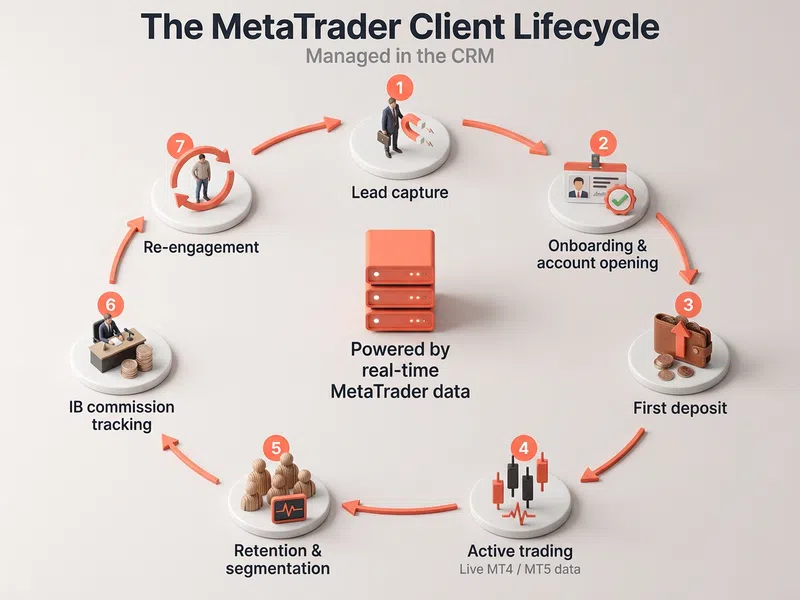 Infographie illustrant les sept étapes du cycle de vie des clients MetaTrader pour les courtiers Forex de la région MENA, de la prospection à la fidélisation, articulées autour d'un serveur de données.