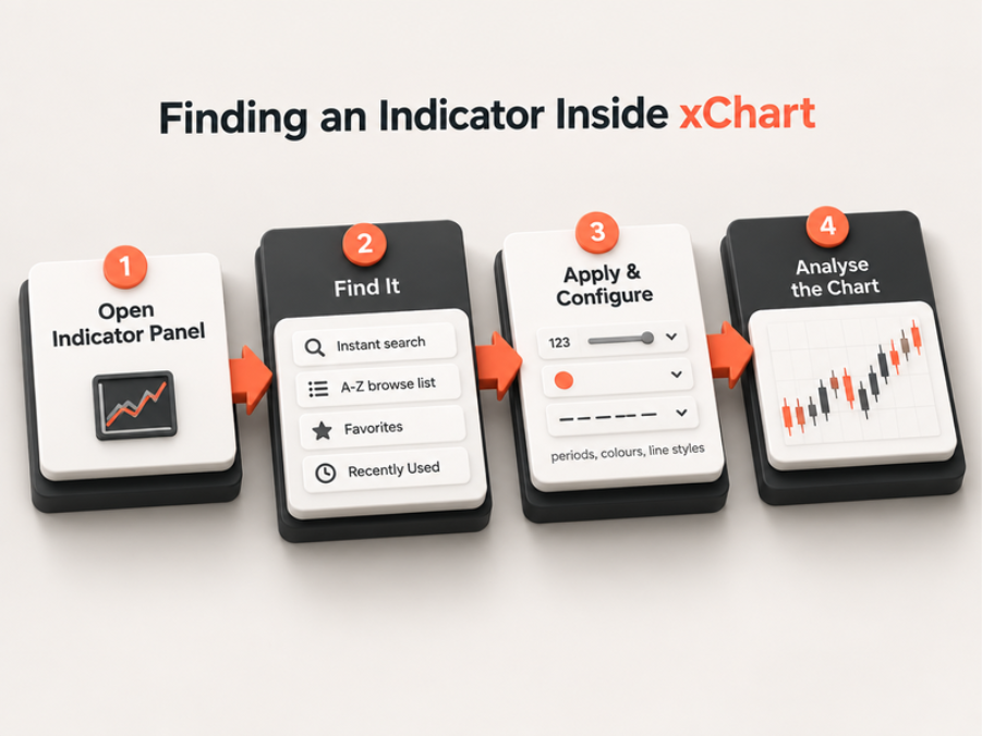 Una guía en cuatro pasos para encontrar indicadores en xChart: 1) Abre el panel de indicadores, 2) Búscalo, 3) Aplícalo y configúralo, y 4) Analiza el gráfico.